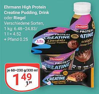 Ehrmann High Protein Creatine Pudding, Drink oder Riegel