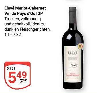 Élevé Merlot-Cabernet Vin de Pays d’Oc IGP Trocken, vollmundig und gehaltvoll, ideal zu dunklen Fleischgerichten, 1 l = 7.32