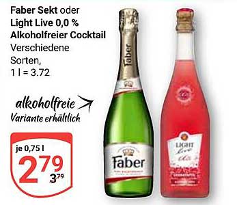 Faber Sekt oder Light Live 0,0 % Alkohol-freier Cocktail Verschiedene Sorten, 1 l = 3.72 alkoholfreie Variante erhältlich