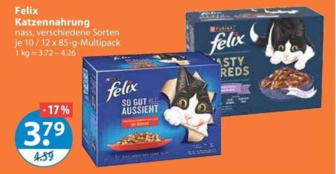 Felix Katzen­nahrung nass, verschiedene Sorten je 10 / 12 x 85-g-Multipack 1 kg = 3.72 – 4.26