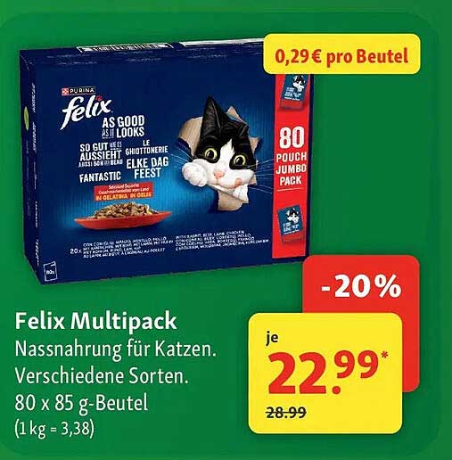 Felix Multipack Nassnahrung für Katzen. Verschiedene Sorten. 80 x 85 g-Beutel