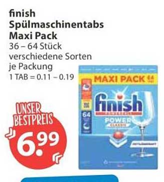 finish Spülmaschinentabs Maxi Pack 36–64 Stück verschiedene Sorten je Packung 1 TAB = 0.11–0.19