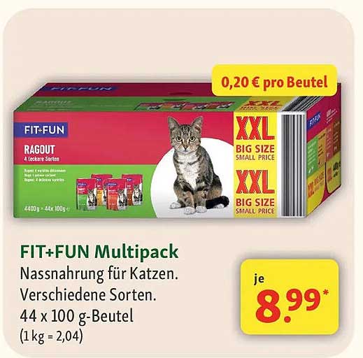 FIT+FUN Multipack Nassnahrung für Katzen. Verschiedene Sorten. 44 x 100 g-Beutel (1 kg = 2,04)