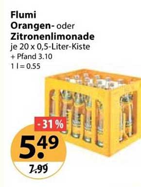 Flumi Orangen- oder Zitronenlimonade je 20 x 0,5-Liter-Kiste + Pfand 3.10 1 l = 0.55
