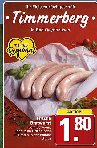 Frische Bratwurst vom Schwein, ideal zum Grillen oder Braten in der Pfanne, Stück