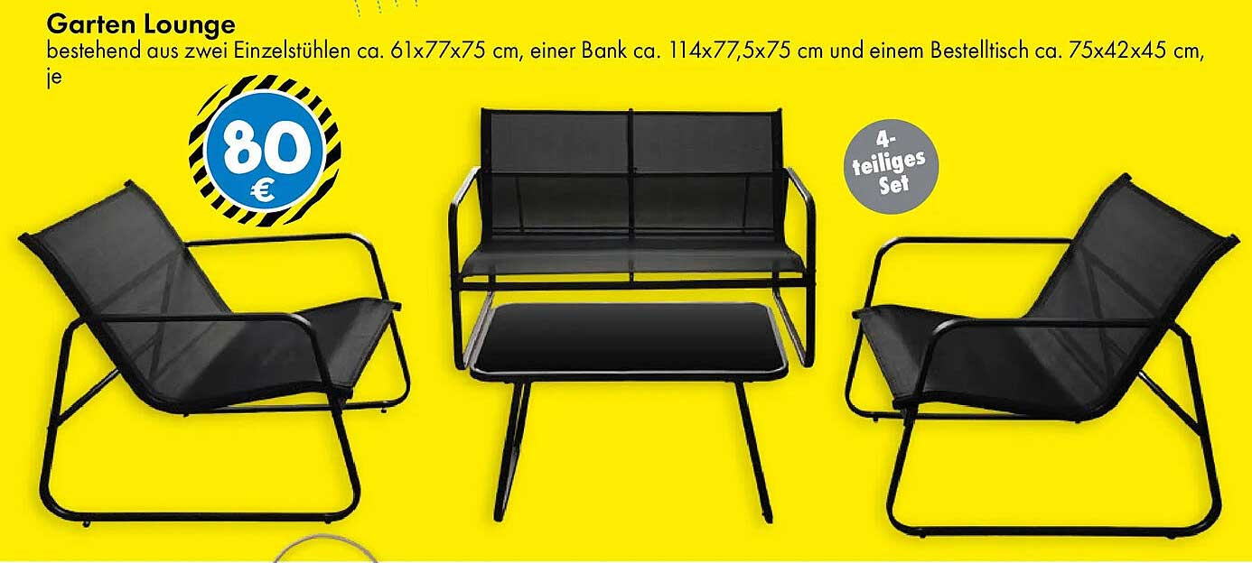 Garten Lounge bestehend aus zwei Einzelstühlen ca. 61x77x75 cm, einer Bank ca. 114x77,5x75 cm und einem Bestelltisch ca. 75x42x45 cm, je 4-teiliges Set
