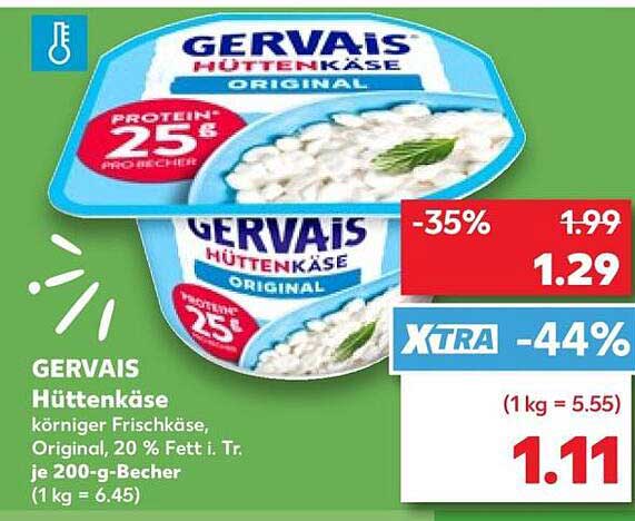 GERVAIS Hüttenkäse körniger Frischkäse, Original, 20 % Fett i. Tr. je 200-g-Becher (1 kg = 6.45)