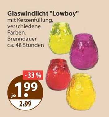 Glaswindlicht "Lowboy" mit Kerzenfüllung, verschiedene Farben, Brenndauer ca. 48 Stunden