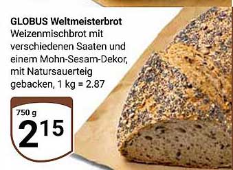 GLOBUS Weltmeisterbrot Weizenmischbrot mit verschiedenen Saaten und einem Mohn-Sesam-Dekor, mit Natur-Sauerteig gebacken, 1 kg = 2.87