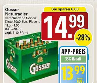 Gösser Naturradler verschiedenes Sorte Kiste 20x0,5Ltr. Flasche 1Ltr.=1.50 n.G.=20.99 zzgl. 3.10 Pfand