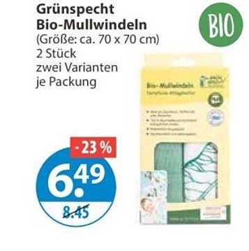 Grünspecht Bio-Mullwindeln (Größe: ca. 70 x 70 cm) 2 Stück zwei Varianten je Packung