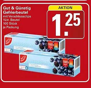 Gut & Günstig Gefrierbeutel mit Verschlussclips, 1 Ltr. Beutel, 100 Stück je Packung
