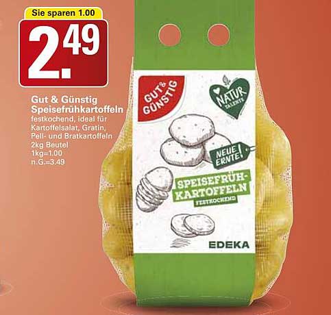Gut & Günstig Speisekartoffeln festkochend, ideal für Kartoffelsalat, Gratin, Pell- und Bratkartoffeln 2kg Beutel
