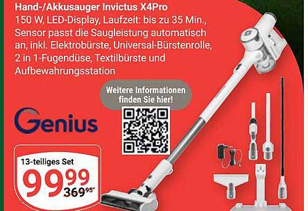 Hand-/Akkusauger Invictus X4Pro 150 W LED-Display, Laufzeit bis zu 35 Min. Sensor passt die Saugleistung automatisch an, inkl. Elektrobürste, Universal-Bürstenrolle, 2 in 1-Fugendüse, Textilbürste und Aufbewahrungsstation