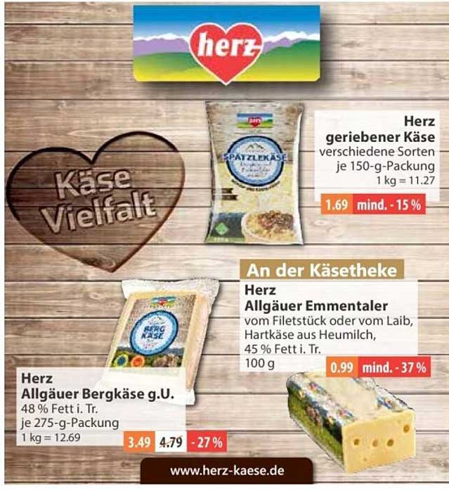 Herz geriebener Käse verschiedene Sorten je 150-g-Packung 1 kg = 11.27
