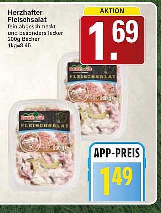 Herzhafter Fleischsalat fein abgeschmeckt und besonders lecker 200g Becher 1kg=8.45