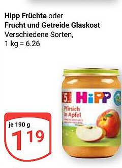 Hipp Früchte oder Frucht und Getreide Glaskost Verschiedene Sorten, 1 kg = 6.26