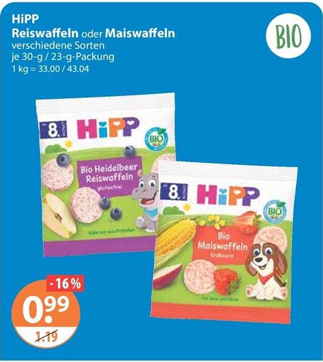 HiPP Reiswaffeln oder Maiswaffeln verschiedene Sorten je 30-g / 23-g-Packung