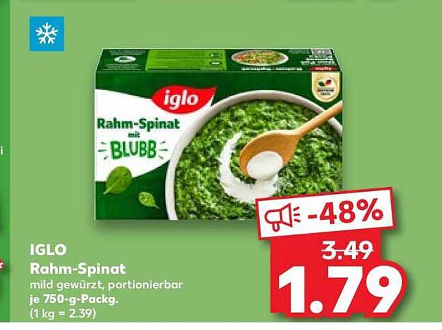 IGLO Rahm-Spinat mild gewürzt, portionierbar je 750-g-Packg. (1 kg = 2.39)