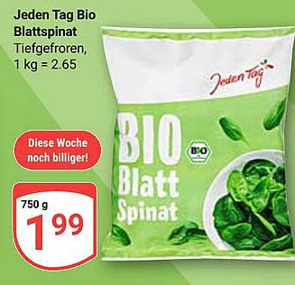 Jeden Tag Bio Blattspinat, Tiefgefroren, 1 kg = 2,65