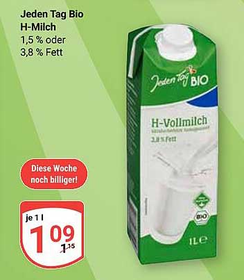 Jeden Tag Bio H-Milch 1,5 % oder 3,8 % Fett