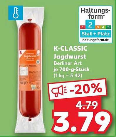 K-CLASSIC Jagdwurst Berliner Art je 700-g-Stück (1 kg = 5.42)