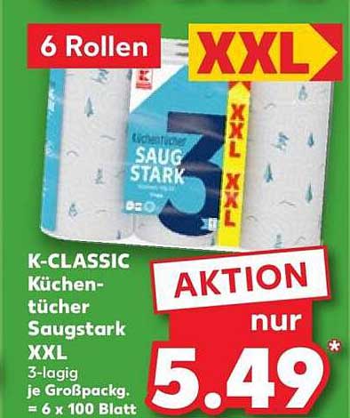 K-CLASSIC Küchen-tücher Saugstark XXL 3-lagig je Großpackg. = 6 x 100 Blatt