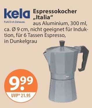 kela Espressokocher „Italia“ aus Aluminium, 300 ml, ca. Ø 9 cm, nicht geeignet für Induktion, für 6 Tassen Espresso, in Dunkelgrau