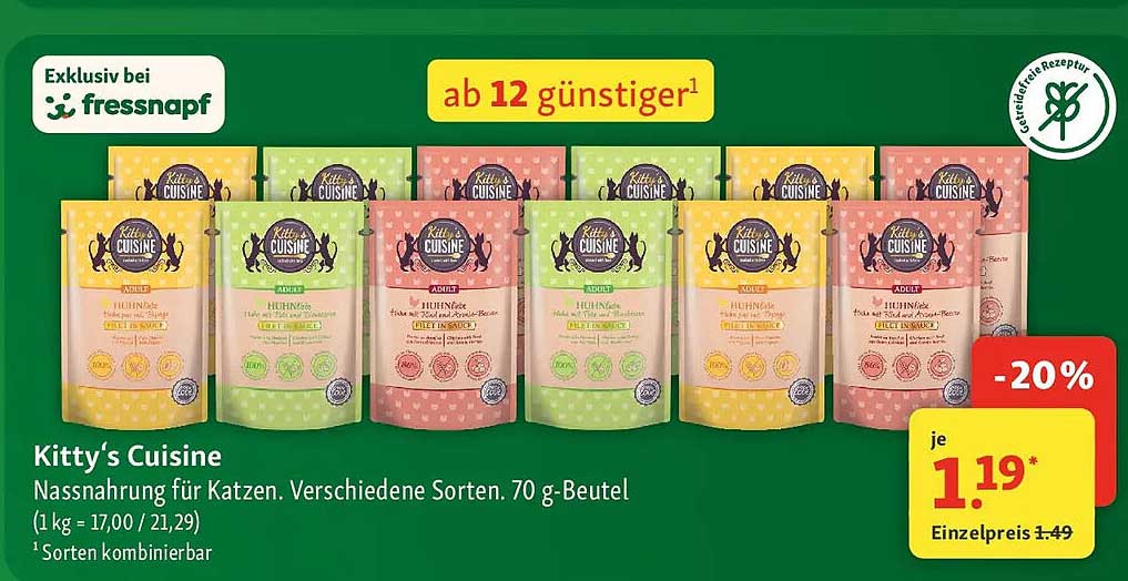 Kitty’s Cuisine Nassnahrung für Katzen. Verschiedene Sorten. 70 g-Beutel