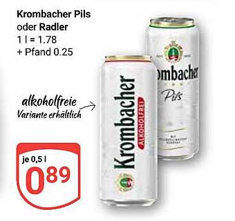 Krombacher Pils oder Radler 1 l = 1.78 + Pfand 0.25 alkoholfreie Variante erhältlich