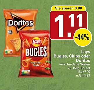 Lays Bugles, Chips oder Doritos verschiedene Sorten 75-150g Beutel 1kg=7,40 n.G.=1,99