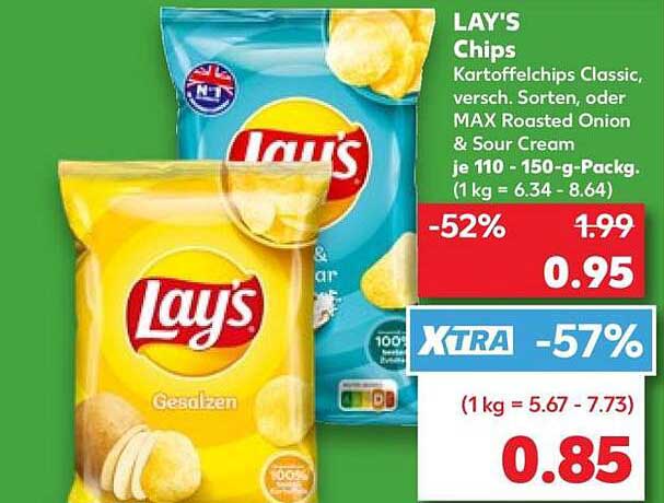 LAY'S Chips Kartoffelchips Classic, versch. Sorten, oder MAX Roasted Onion & Sour Cream je 110 - 150-g-Packg.