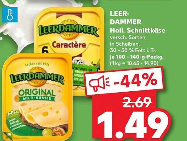 LEERDAMMER Holl. Schnittkäse versch. Sorten, in Scheiben, 30 - 50 % Fett i. Tr., je 100 - 140 g-Packg. (1 kg = 10.65 - 14.90)