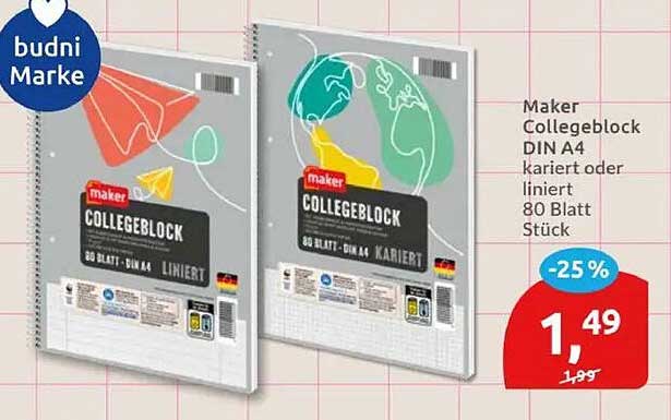 Maker Collegeblock DIN A4 kariert oder liniert 80 Blatt Stück