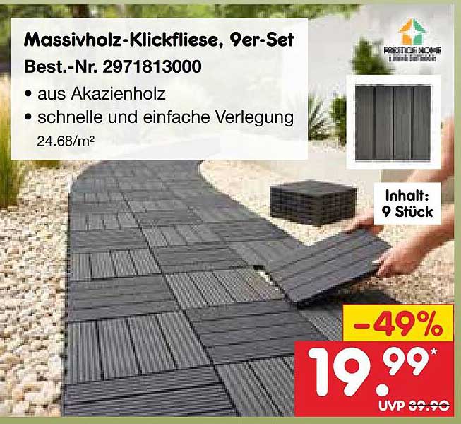 Massivholz-Klickfliese, 9er-Set