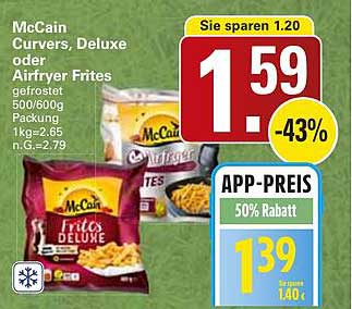 McCain Curvers, Deluxe oder Airfryer Frites gefroren 600/600g Packung 1kg=2.65 n.G.=2.79