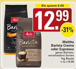 Melitta Barista Crema oder Espresso ganze Bohnen, verschiedene Sorten, 1kg Beutel