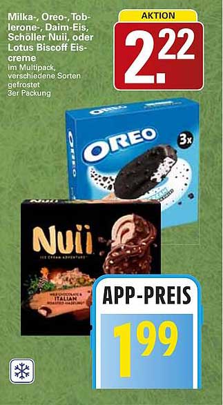 Milka-, Oreo-, Toblerone-, Daim-Eis, Schöller Nui, oder Lotus Biscoff Eiscreme im Multipack, verschiedene Sorten gefrostet, 3er Packung