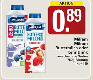 Milram Buttermilch oder Kefir Drink verschiedene Sorten 750g Packung 1kg=1.19