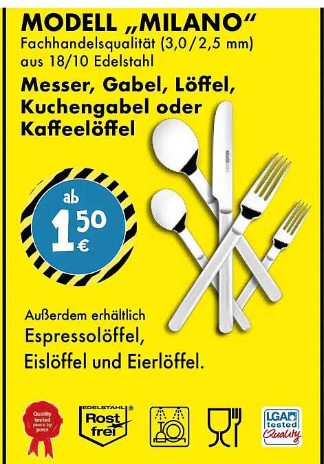 MODELL „MILANO“ Fachhandelsqualität (3,0 / 2,5 mm) aus 18/10 Edelstahl Messer, Gabel, Löffel, Kuchengabel oder Kaffeelöffel
