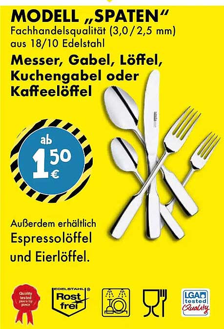 MODELL „SPATEN“ Fachhandelsqualität (3,0 / 2,5 mm) aus 18/10 Edelstahl Messer, Gabel, Löffel, Kuchengabel oder Kaffeelöffel
