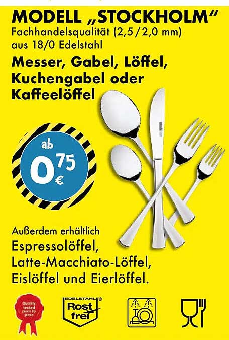 MODELL „STOCKHOLM“ Fachhandelsqualität (2,5 / 2,0 mm) aus 18/0 Edelstahl Messer, Gabel, Löffel, Kuchengabel oder Kaffeelöffel