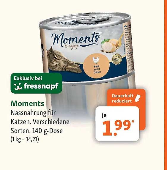 Moments Nassnahrung für Katzen, Verschiedene Sorten, 140 g-Dose