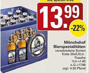 Mönchshof Bierspezialitäten verschiedene Sorten Kiste 20x0,5 l Flasche 1 Ltr.=1.40 n.G.=17.99 zgl. 3.90 Pfand