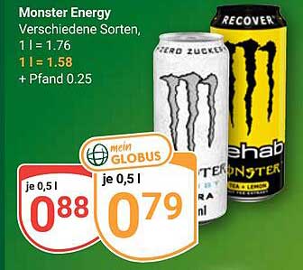 Monster Energy Verschiedene Sorten, 1 l = 1.76, 1 l = 1.58 + Pfand 0.25