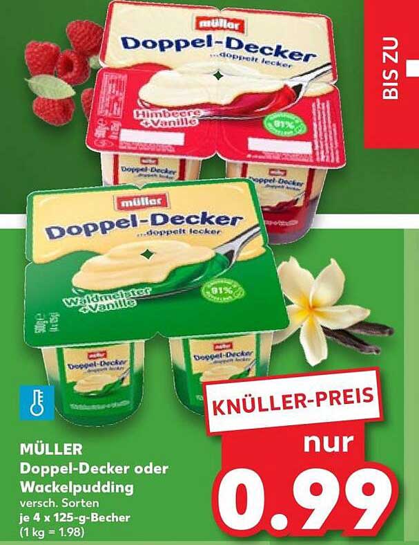 MÜLLER Doppel-Decker oder Wackelpudding versch. Sorten je 4 x 125-g-Becher (1 kg = 1.98)