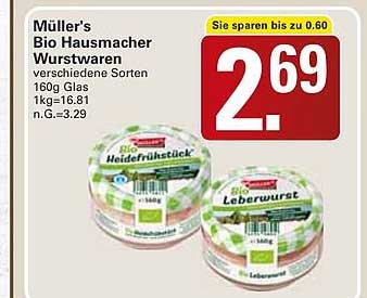 Müller's Bio Hausmacher Wurstwaren verschiedene Sorten 160g Glas 1kg=16.81 n.G.=3.29