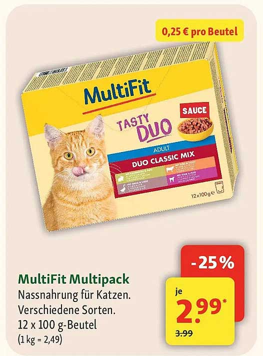 MultiFit Multipack Nassnahrung für Katzen. Verschiedene Sorten. 12 x 100 g-Beutel
