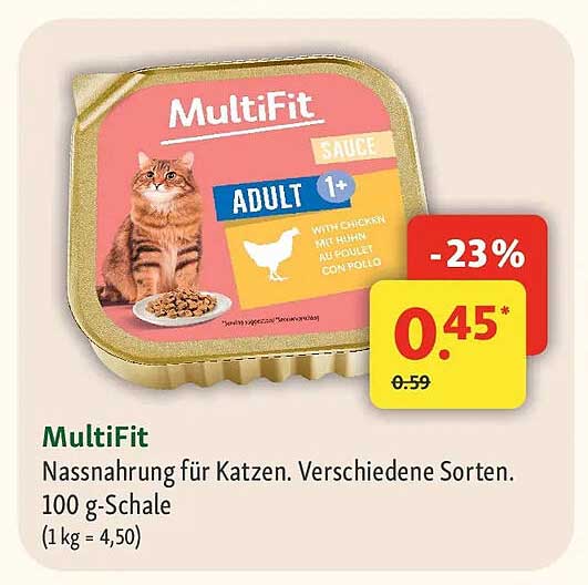 MultiFit Nassnahrung für Katzen. Verschiedene Sorten. 100 g-Schale