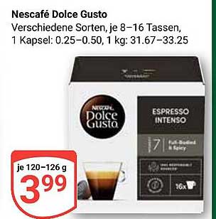 Nescafé Dolce Gusto Verschiedene Sorten, je 8–16 Tassen 1 Kapsel: 0.25–0.50, 1 kg: 31.67–33.25